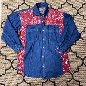 Womens Vintage "Andrews Blues" Shirt Large Western Denim Snap Front 3/4 Sleeve
